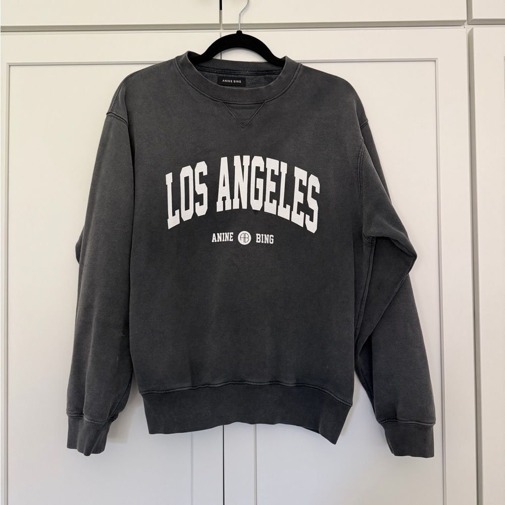ANINE BING “Los Angeles” collegiate sweatshirt in washed charcoal/black